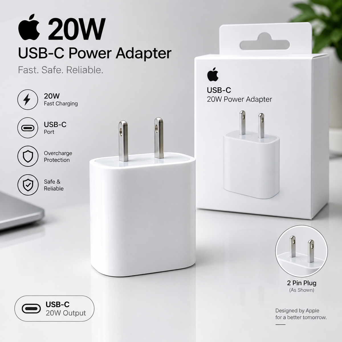 2 Pin 20W C-Adapter 3 Months Replace Warranty